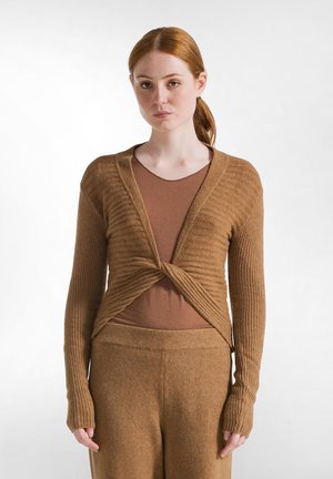 Vrouw met rood haar in een bruine cardigan met gedraaide voorkant, bijpassend bruin topje en hoge gebreide broek tegen een eenvoudige witte achtergrond.