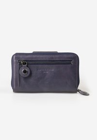 Portafoglio in pelle blu navy con chiusura a zip, tasca frontale con zip, marchio impresso e dettaglio con portachiavi arrotondato. Finitura liscia e strutturata.