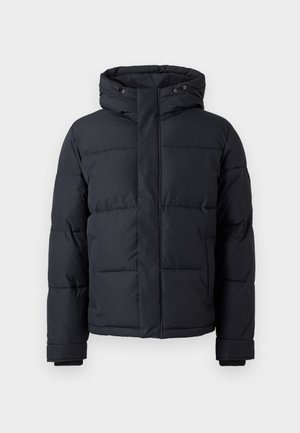 Black puffer jacket with a hood, featuring a zip closure, quilted design, and elastic cuffs for warmth and comfort.