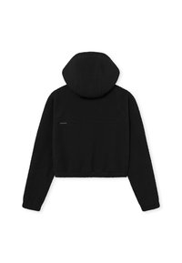 Felpa cropped nera in fleece con cappuccio, tessuto testurizzato, maniche raglan e un dettaglio della tasca orizzontale sul retro. Orlo e polsini lisci.