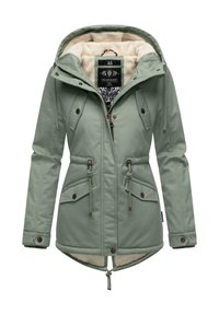 Light green, waterproof jacket with a fleece-lined hood, drawstring waist, two front pockets, and brown button details.