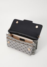 Gray textured wallet with a floral pattern, black leather interior, gold hardware accents, and two compartments; open flap style.