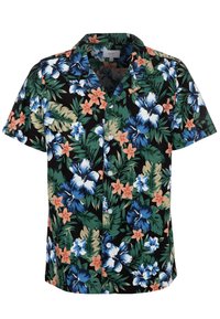 Maglietta a maniche corte nera con un vivace motivo floreale che presenta hibiscus blu e bianchi, fiori arancioni e foglie verdi. Tessuto misto cotone.