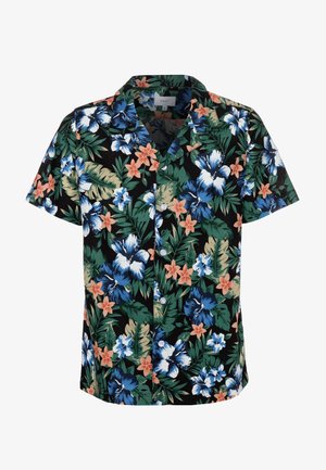 Koszula z krótkim rękawem w kolorze czarnym z wyrazistym wzorem kwiatowym, zawierającym niebieskie i białe hibiskusy, pomarańczowe kwiaty oraz zielone liście. Mieszanka bawełny.
