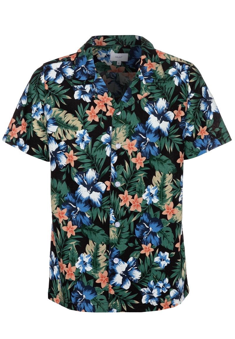 Maglietta a maniche corte nera con un vivace motivo floreale che presenta hibiscus blu e bianchi, fiori arancioni e foglie verdi. Tessuto misto cotone.