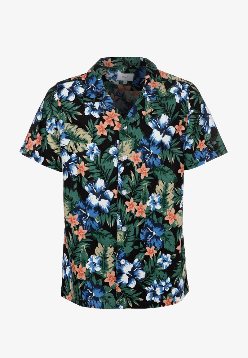 Maglietta a maniche corte nera con un vivace motivo floreale che presenta hibiscus blu e bianchi, fiori arancioni e foglie verdi. Tessuto misto cotone.