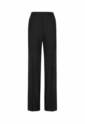Black tailored trousers with a straight cut, single front pleat, and button closure. Made from a smooth fabric, featuring belt loops.
