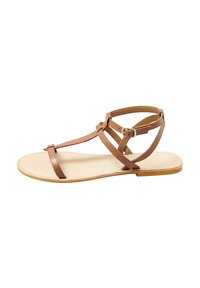 Braune lederne flache Sandalen mit überkreuzten Riemen und einem Schnallenverschluss, im minimalistischen Design und mit einer hellbraunen Sohle.