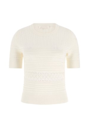 Kurzärmliges, cremefarbenes Strickoberteil mit rundem Ausschnitt und strukturierten horizontalen Mustern, einschließlich gerippter und offen gestrickter Bereiche.