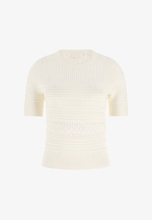 Kurzärmliges, cremefarbenes Strickoberteil mit rundem Ausschnitt und strukturierten horizontalen Mustern, einschließlich gerippter und offen gestrickter Bereiche.