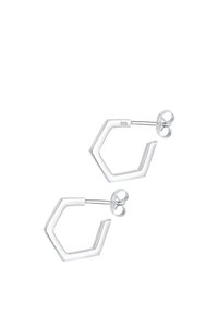 Pendientes de aro hexagonales de plata de ley con acabado pulido, que presentan un cierre de alfiler seguro y un diseño geométrico sencillo.
