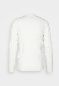 Biały sweter z dzianiny w splot warkocza, z długimi rękawami oraz ściągaczami na mankietach i u dołu. Tył ma czysty, minimalistyczny design.