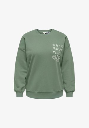 Green crewneck sweatshirt with white text "MY HAPPY PLACE." and multiple smiley face icons on the upper left chest area.