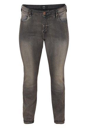 Jeans in denim nero sbiadito con una vestibilità slim, dotati di cinque tasche, chiusura con bottone e sottili effetti whiskering sul tessuto.