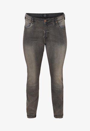 Verblasste schwarze Jeans im Slim-Fit mit fünf Taschen, Knopfschluss und dezenten Auswaschungen auf dem Stoff.