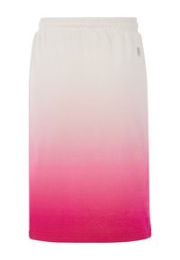 Knie-lange rok met een elastische tailleband, gemaakt van zachte stof met een verloopontwerp van wit naar roze.