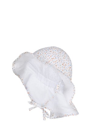 Weißer Baby-Sonnenhut mit breiter Krempe, kleinem blau-orangem Blumenmuster und Kinnbändern.