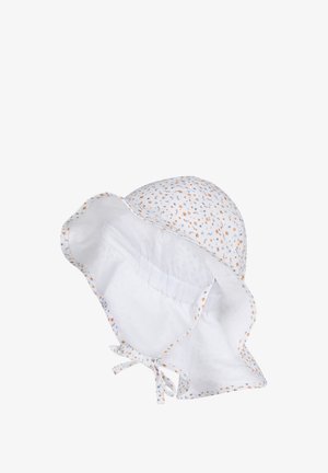 White baby sun hat with wide brim, small blue and orange floral pattern, and chin ties.