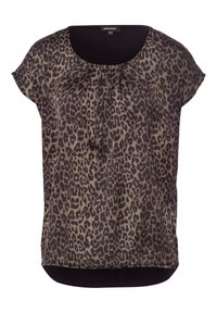 Bluse med leopardprint i brune nuancer på et blødt stof, der har rund hals, korte ærmer og en afslappet pasform med en sort kant.