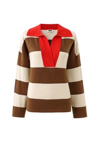 Gestreepte pullover in bruin, crème en rood; heeft een diepe V-hals en een rode kraag; gemaakt van zachte, gestructureerde stof. Lange mouwen.