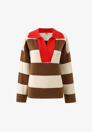 Pull en rayures marron, crème et rouge ; col V profond et col rouge ; fabriqué en tissu doux et texturé. Manches longues.