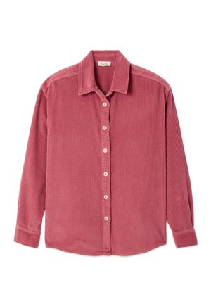 Long-sleeve dusty pink corduroy shirt with collar and six front buttons, laid flat on white background.