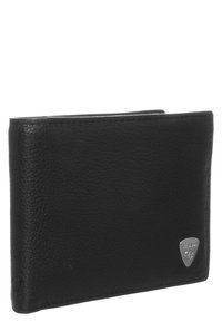 Portafoglio in pelle nera con una finitura testurizzata. Presenta un emblema argento e cuciture a contrasto. Design pieghevole con angoli arrotondati.