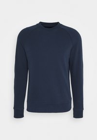 Sudadera azul marino, hecha de una tela suave, presenta un cuello redondo, mangas largas de tipo raglán y detalles de puños y dobladillo acanalados.