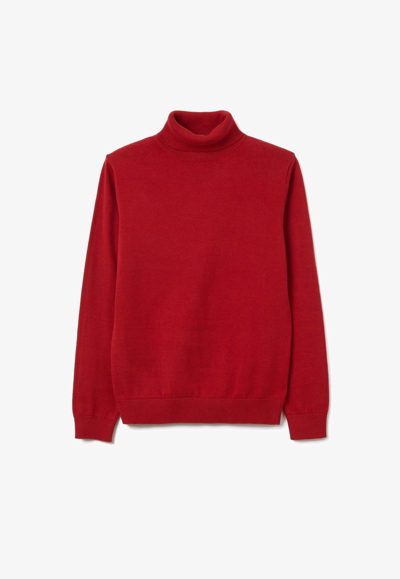 Suéter rojo de cuello alto hecho de tela de punto suave. Presenta un cuello ajustado y mangas largas con puños y dobladillo acanalados.