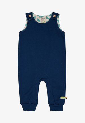 Marineblaue, gerippte Baumwolloverall mit Holzknopf-Akzenten und gemusterter Innenseite, die hellblaue Formen aufweist. Elastische Bündchen an den Knöcheln.