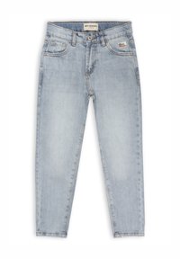 Jeans in denim azzurro chiaro con cinque tasche, design a gamba dritta e leggera sfumatura. Presentano una chiusura con bottone e un'etichetta di marca sul retro.