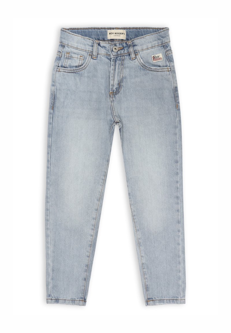 Jeans in denim azzurro chiaro con cinque tasche, design a gamba dritta e leggera sfumatura. Presentano una chiusura con bottone e un'etichetta di marca sul retro.