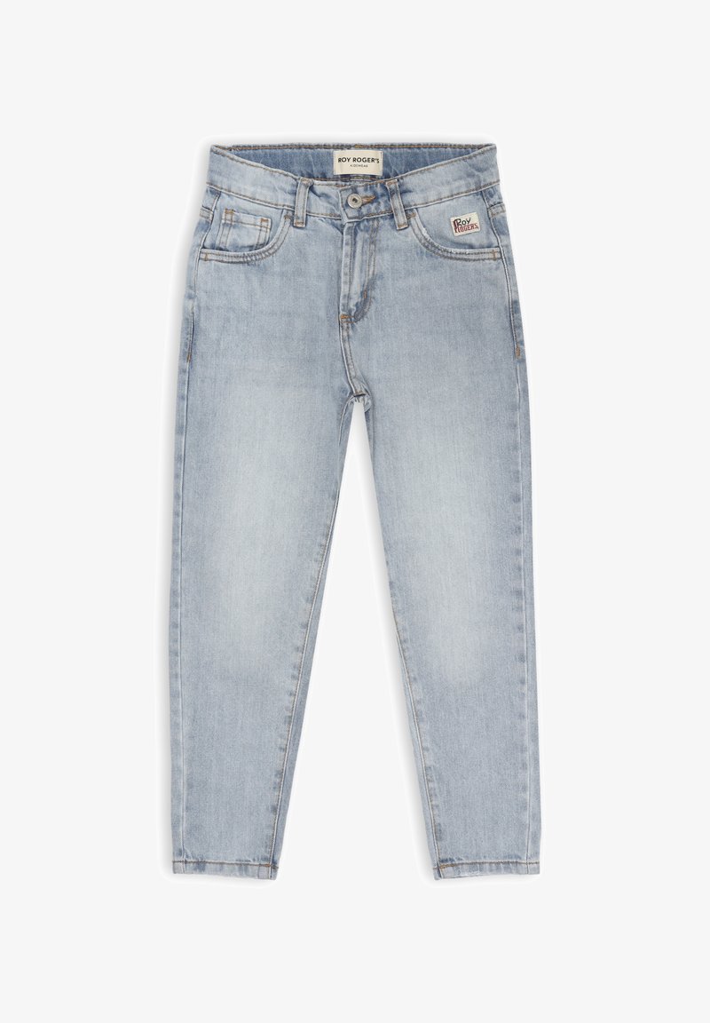 Jeans in denim azzurro chiaro con cinque tasche, design a gamba dritta e leggera sfumatura. Presentano una chiusura con bottone e un'etichetta di marca sul retro.