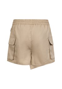 Bermuda beige con vita elasticizzata, due tasche laterali e vestibilità comoda con texture liscia. Vista posteriore mostrata.