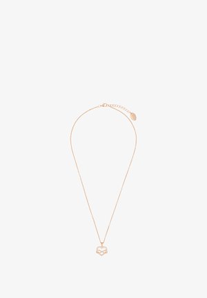 Różowo-złoty naszyjnik łańcuszkowy z sercowym wisiorkiem o skomplikowanym wzorze z wycięciami oraz małymi błyszczącymi akcentami. Regulowana długość.
