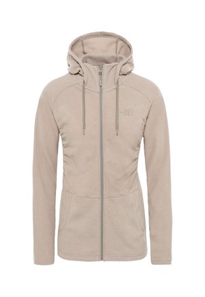 Beige fleecejack met volledige rits, capuchon, trekkoorden, lange mouwen, zijzakken en subtiel North Face-logo op de linkerborst.