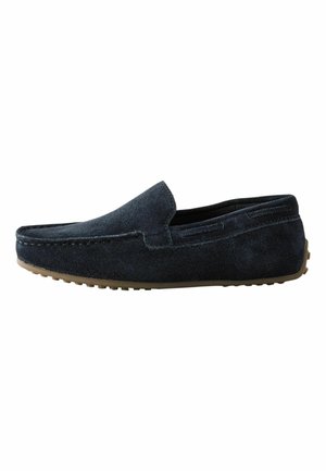 Black suede men's loafer with rounded toe, slip-on design, and textured rubber sole for grip.