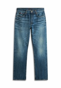 Jeans in denim blu con taglio dritto, presentano macchie sbiadite, design a cinque tasche e dettagli di cucitura a contrasto.