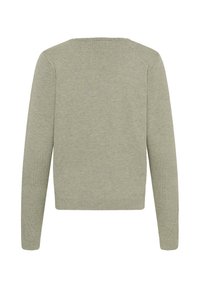 Pull uni vert clair à manches longues avec texture en tricot, coutures visibles aux épaules et motif subtil près des poignets, vu de dos.