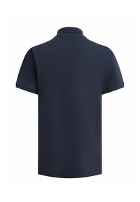Polo bleu marine avec un col classique, des manches courtes et un tissu texturé pour la respirabilité. Vue arrière montrant un design épuré et simple.