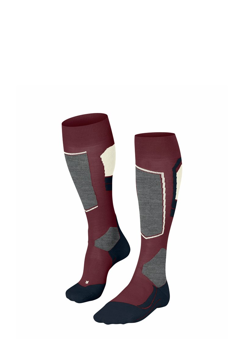 Calze fino al ginocchio di colore bordeaux con accenti a motivo grigio e bianco. Presentano polsini a coste e punte rinforzate con tallone blu. Texture morbida.
