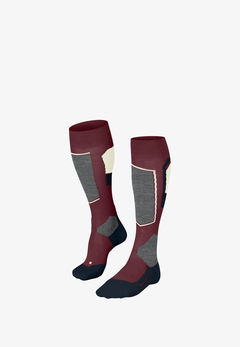 Calze fino al ginocchio di colore bordeaux con accenti a motivo grigio e bianco. Presentano polsini a coste e punte rinforzate con tallone blu. Texture morbida.