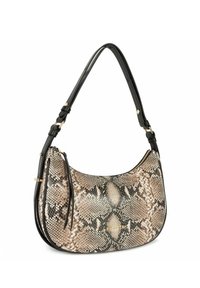 Borsa hobo in stampa pitone sintetico con una tracolla nera. Presenta una chiusura con zip, una superficie texture e dettagli metallici.