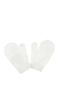 Muffole bianche lavorate a maglia con polsini a coste, caratterizzate da una consistenza morbida e punte arrotondate, progettate per coprire completamente la mano.