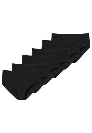 Schwarzes Baumwollunterwäsche-Set aus sechs Teilen. Glatte Textur, mittlere Leibhöhe und nahtlose Kanten für Komfort. Keine zusätzlichen Muster oder Verzierungen.