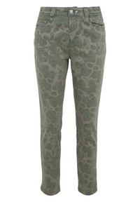 Pantalon vert olive à motif cachemire, en tissu mélangé coton, coupe slim avec un design traditionnel à cinq poches.