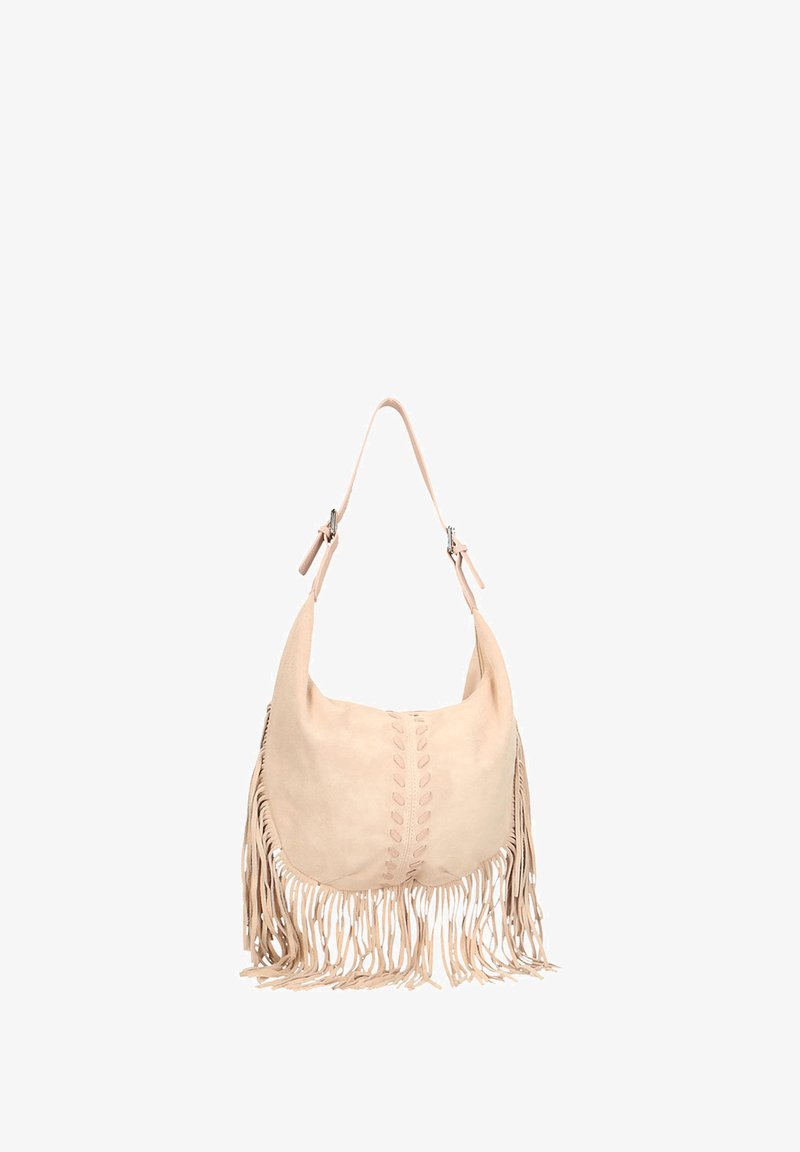 Licht beige suède hobo tas met een brede, slungelige vorm, voorzien van leren franjes en gestikte details aan de voorkant.