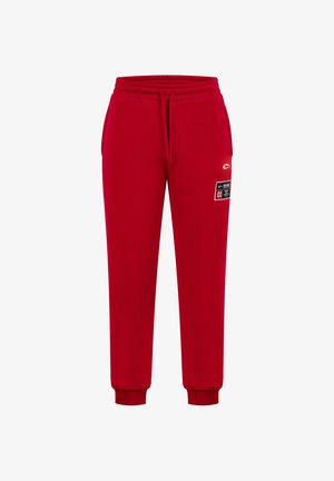 Rode sweatpants van katoen, met een elastische tailleband en boorden, en een zijpatchlabel met details. Glad textuur, casual ontwerp.