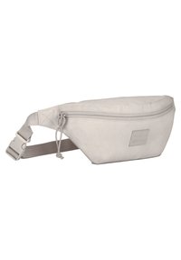 Sac banane en tissu beige avec fermeture éclair, sangle réglable et petit patch logo cousu à l'avant.