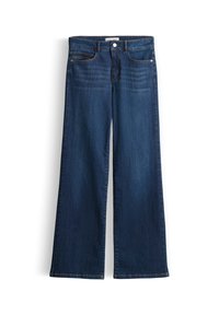 Jeans in denim blu scuro con gambe larghe, chiusura anteriore con bottone e zip, e tasche anteriori e posteriori.